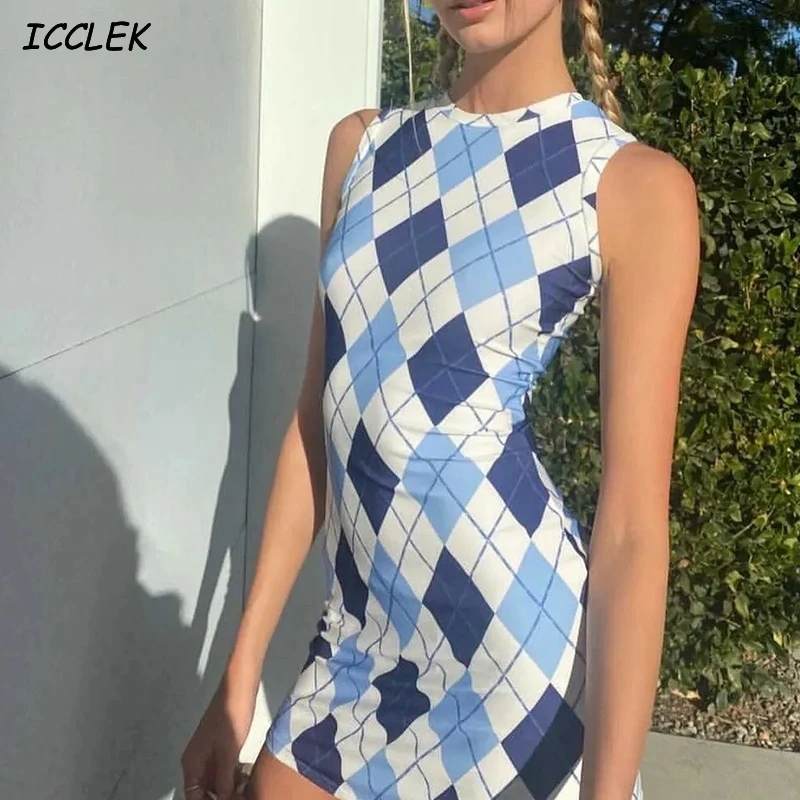 

Za Women's Dresses Bodycon A line Sleeveless Mini Dress Diamond Vestidos Vintage Mujer High Waist Party Sexy Plaid Robe Femme SL