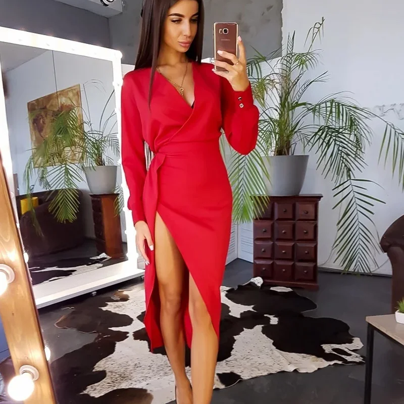 

2021 New Autumn Fashion Elegant Sexy High Split Dress Solid Color Long Sleeve V-Neck Sashes Wrapped Dress Women Party Dresses