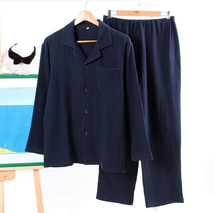 Пижама мужская двойная из крепа и Марли однотонная хлопковая рубашка с длинным