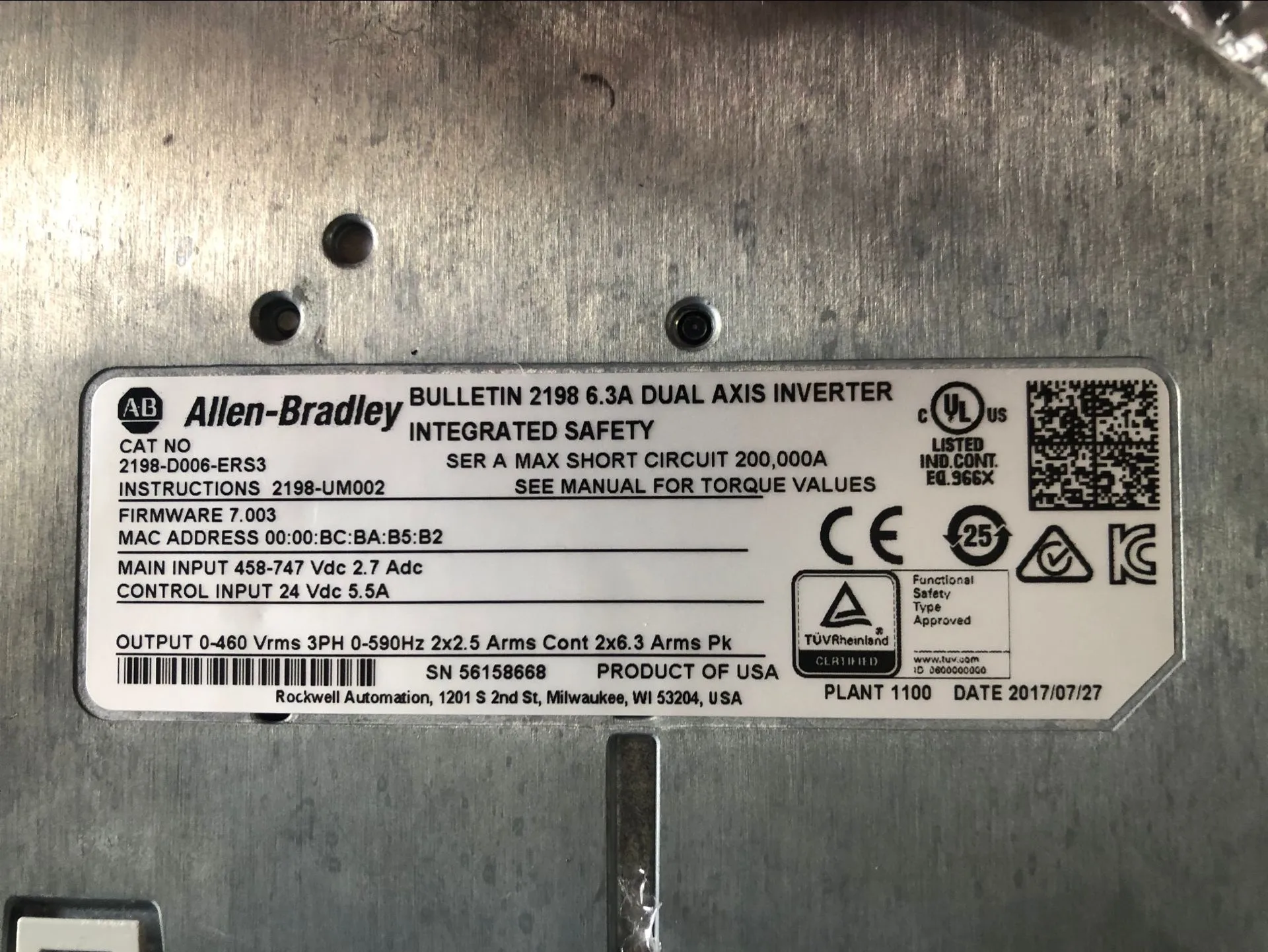 Два оси инвертора сервопривода Allen Bradley 2198-D006-ERS3 /B Kinetix 5700 используется в хорошем