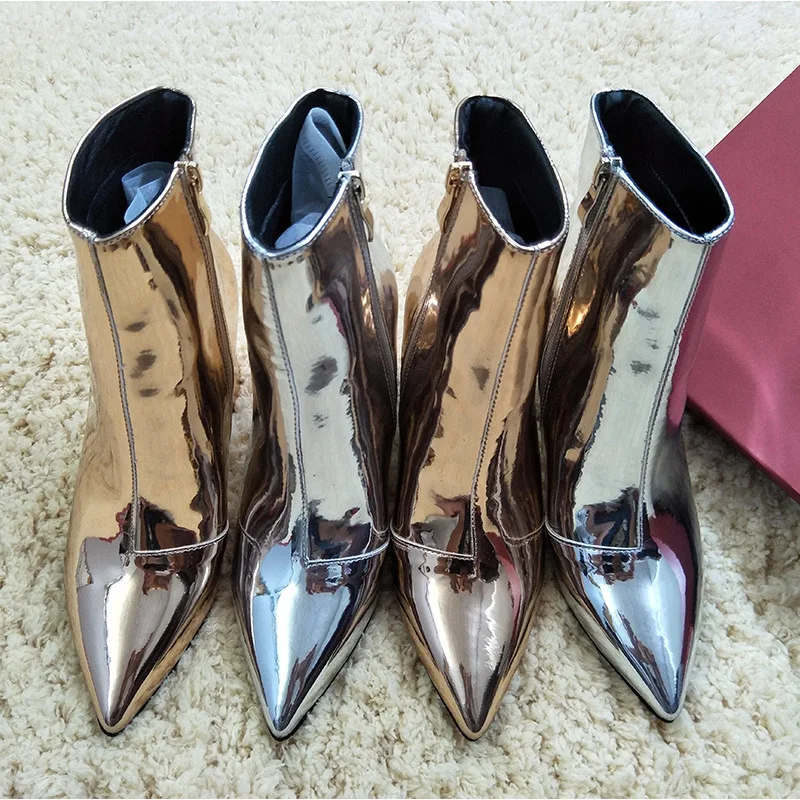 

Free Shipping Women Lady black Silver Patent Leather Poined Toes zipper chunky high heels shoes Short boots Ankle boots pumps