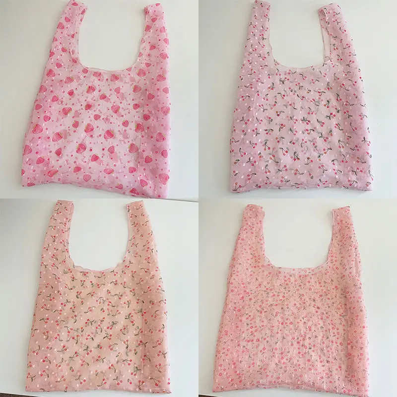 

New Casual Sweet Flower Fruit Bag Transparent Eco Bag Mesh Cloth Shopping Bag Floral Print Tote Bag Handemade Travel Handbag