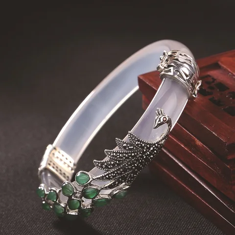 V. YA S925 браслет из стерлингового серебра женский тайский серебряный браслет с природными камнями винтажный Павлин животное браслет женские ювелирные украшения