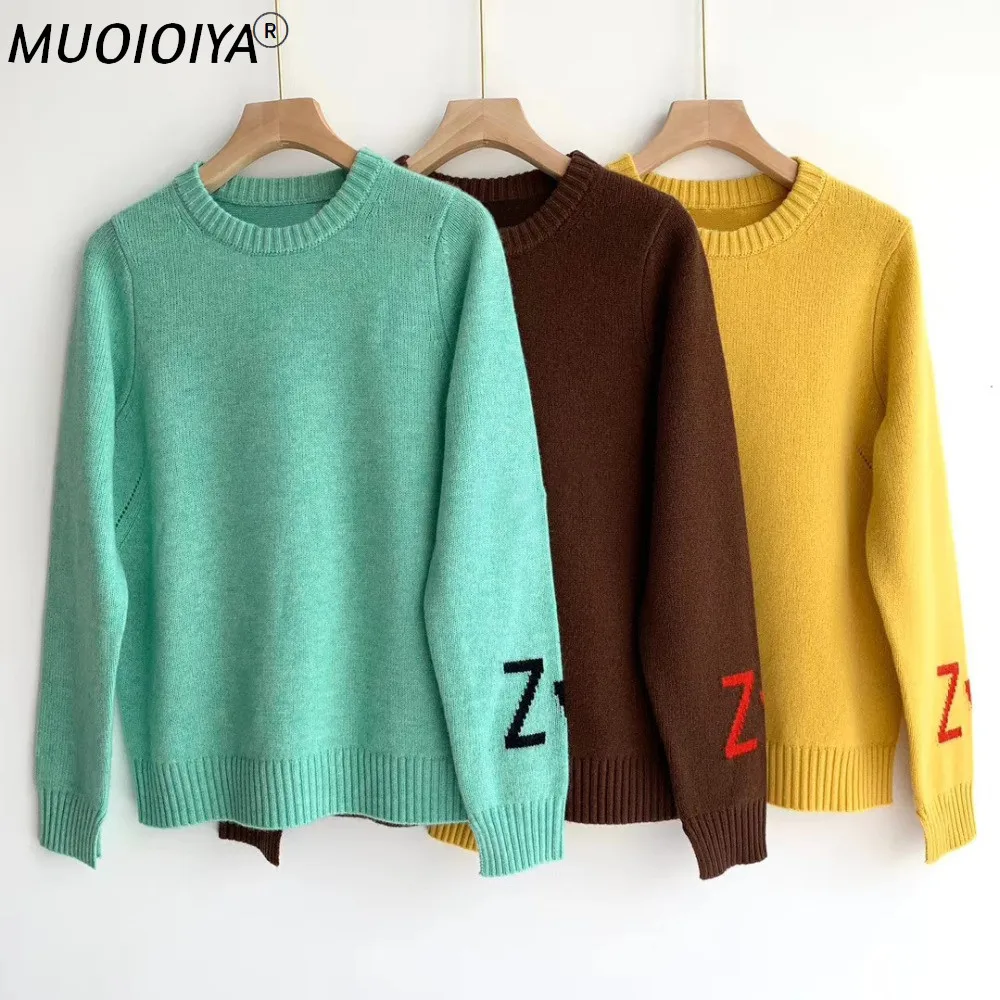 Three Color Knit Sweater Women's 100% Cashmere Letter Cuff Split Simple Loose Autumn Winter Ladies Knit Top