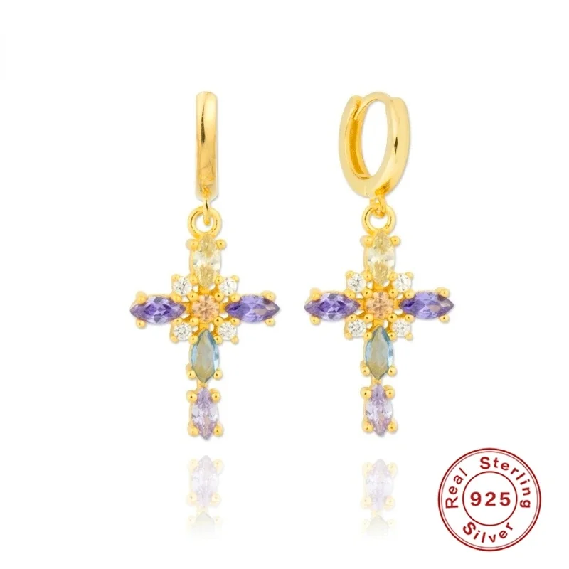 

2021 Ins Dangle Rainbow Crystals Cross Huggie Earrings for Women Jewelry Hoop Earrings Cartilage Sterling Silver Pendientes