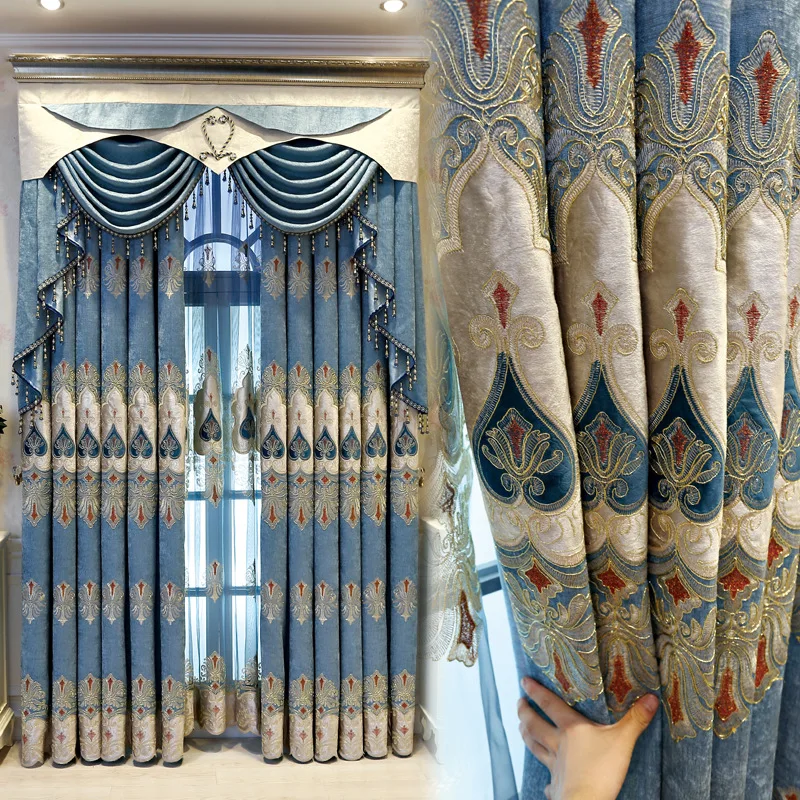 

2022 New Simple European Style Embroidered Chenille Curtains for Living Dining Room Bedroom