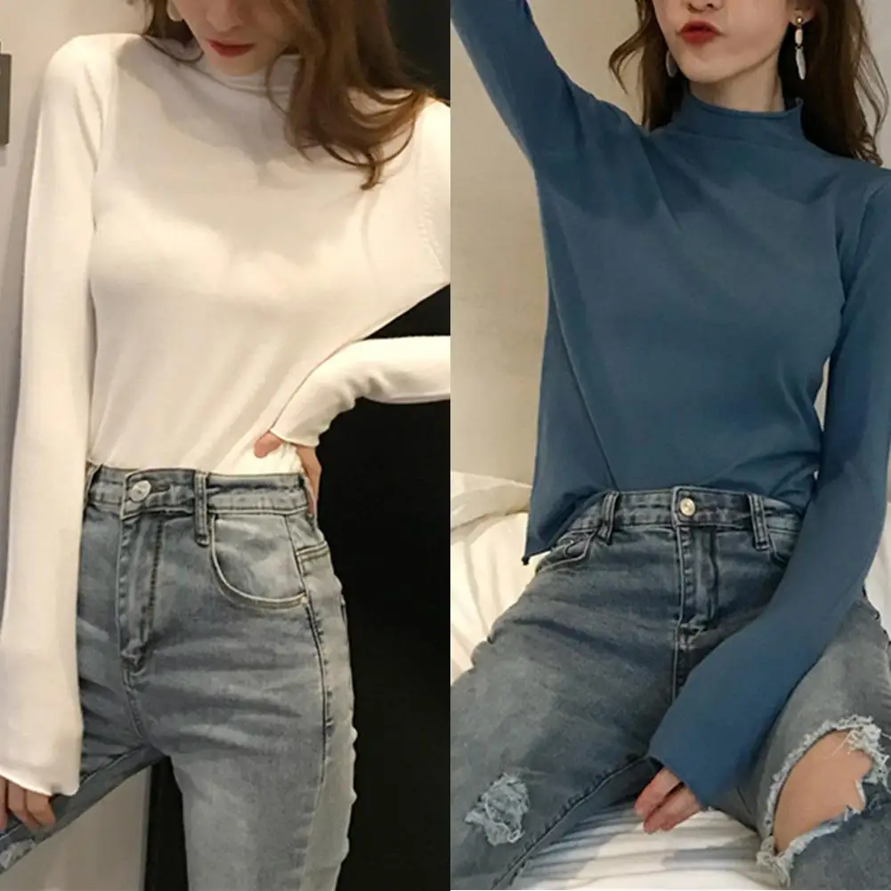 

Women Autumn Casual Solid Color Mock Neck Long Sleeve Warm Soft Sweater Bottoming Top Pullovers Knitwear