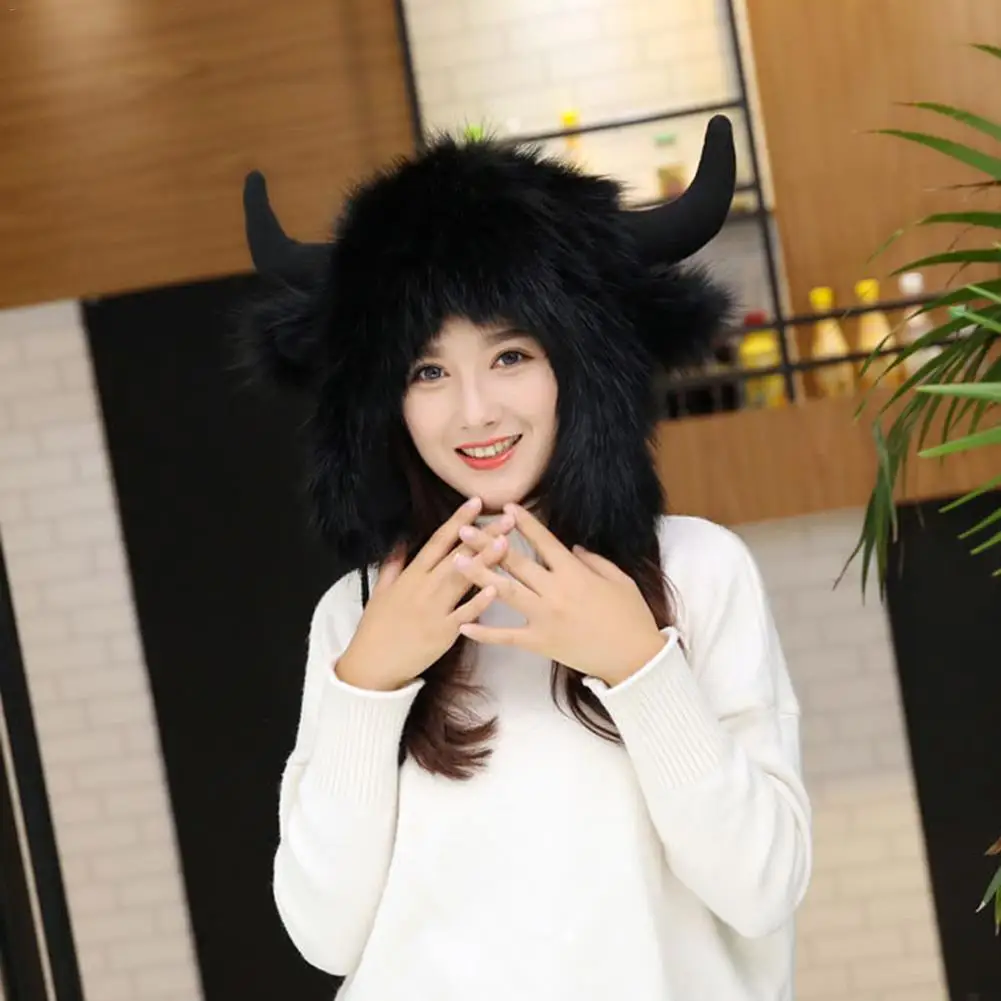 Мужские и женские рога шапки милый искусственный мех зимне наушники шапка