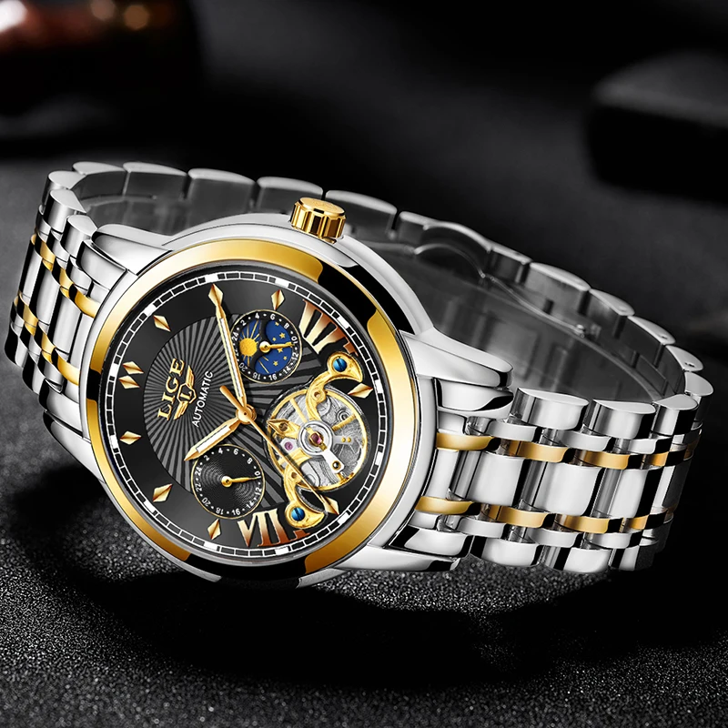 Часы наручные LIGE Мужские механические автоматические спортивные повседневные