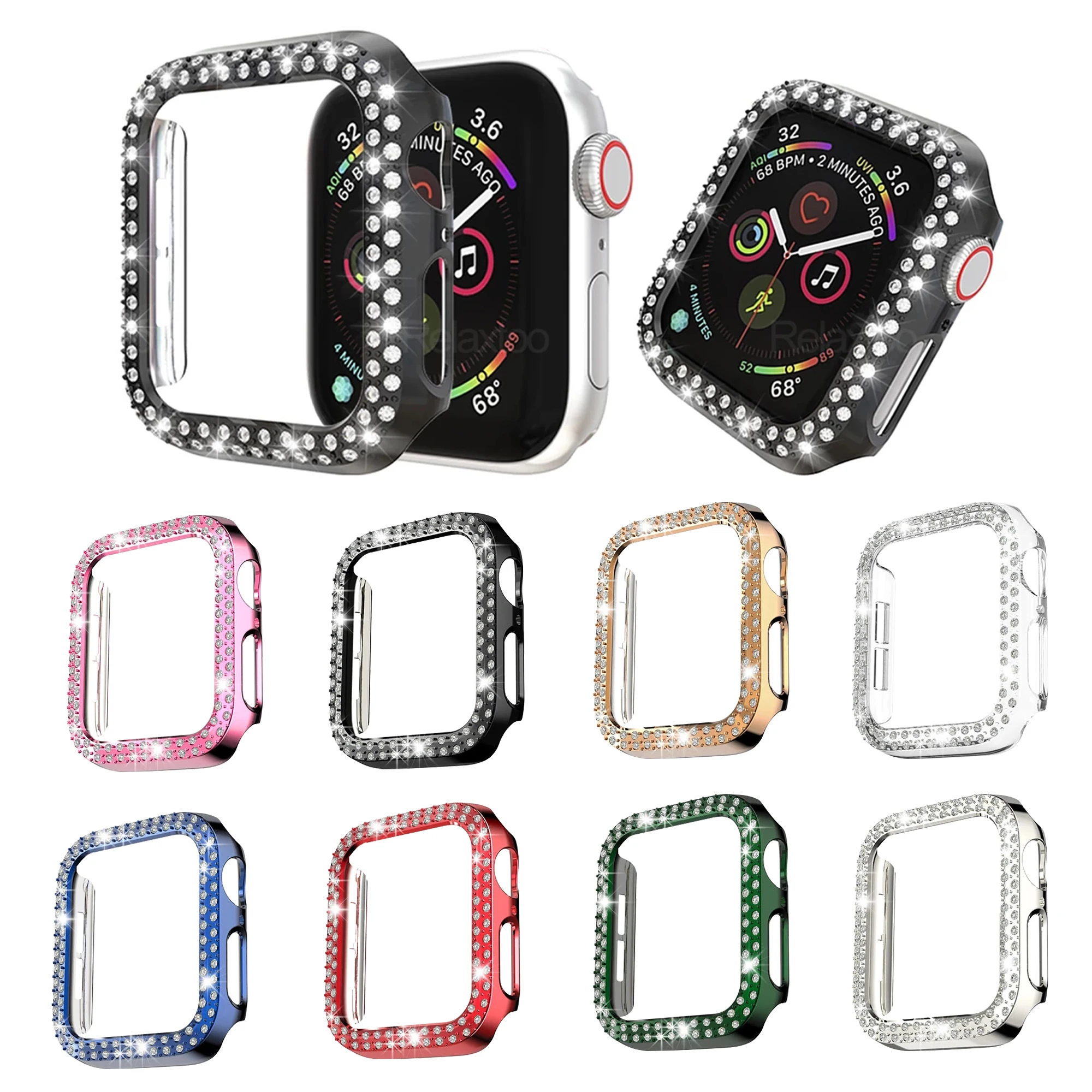 

Double Row Bling Crystal Diamonds Bumper Protective Case for Apple Watch SE 6 5 4 3 2 1 38mm 42mm 40mm 44mm iwatch Accessories
