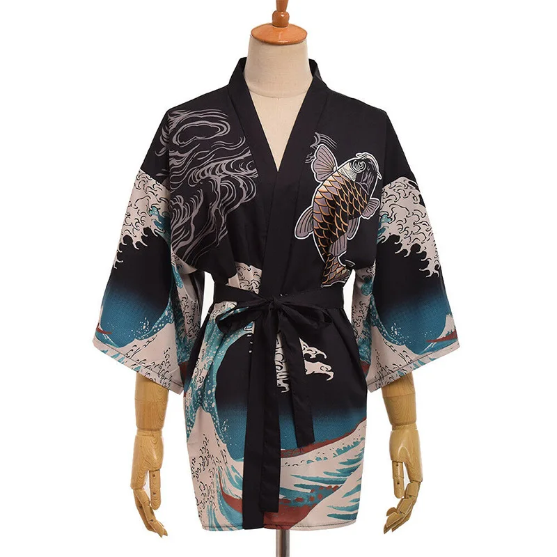 

Women Japanese Kimono Dress Haori Tops Bathrobe House Pajamas Sauna Traditional Retro Print Ukiyoe Carp Yukata Cosplay Costume