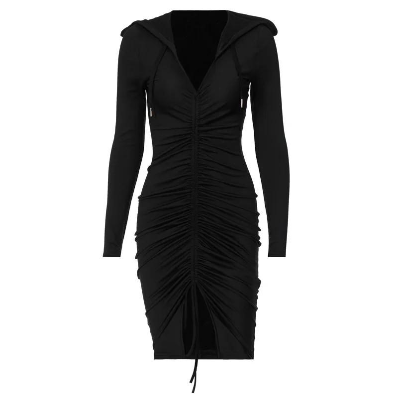 

Women's Pleated Skirt 2021 New Hooded V-neck Long-sleeved Solid Color Hedging Slim Fit Hip Dresses Dress Woman