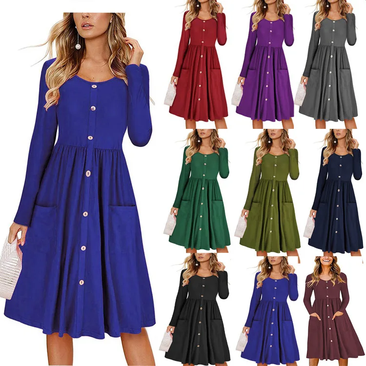 

Women Casual Knee Length Long Sleeve Round Neck Buttons A-Line Pockets Solid Fashion Autumn Spring