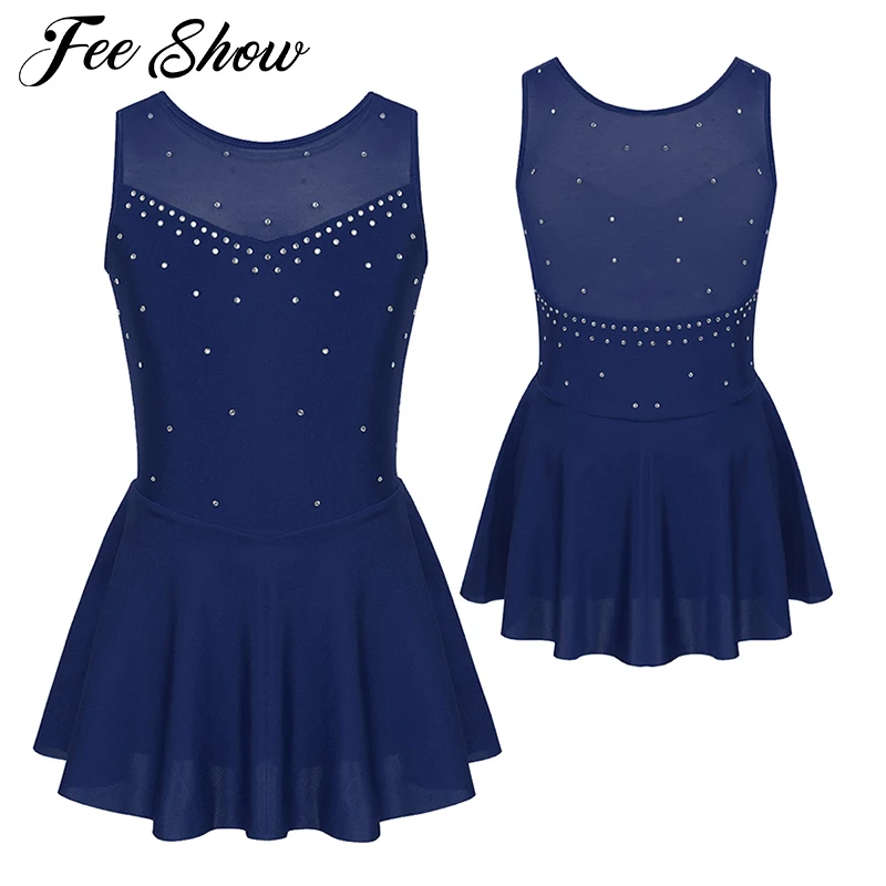

Kids Sparkly Rhinestone Tulle Figure Ice Skating Roller Skating Dress Girls Ballet Gymnastics Leotard Competition Dance Costume