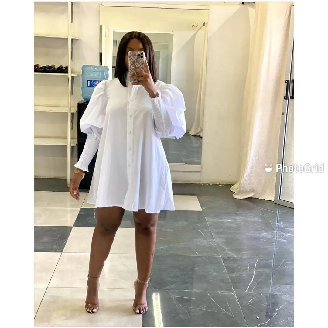 

Coffeehot Dresses Casual fashion loose Solid Puff Sleeve Women Mini Dress