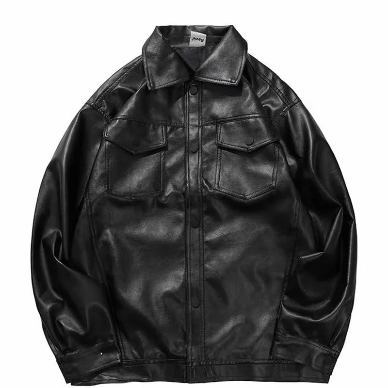 

Men's Loose Baseball Pu Leather Motorcycle Coats Jackets Trench Clothing Baggy Faux Coat Korean Fashion Black Color Mens Jacket