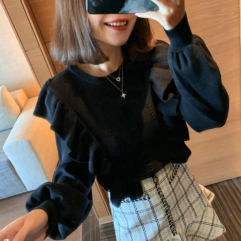 

Knitted women's 2020 autumn and winter new Korean style loose bottoming temperament double ruffled sweater