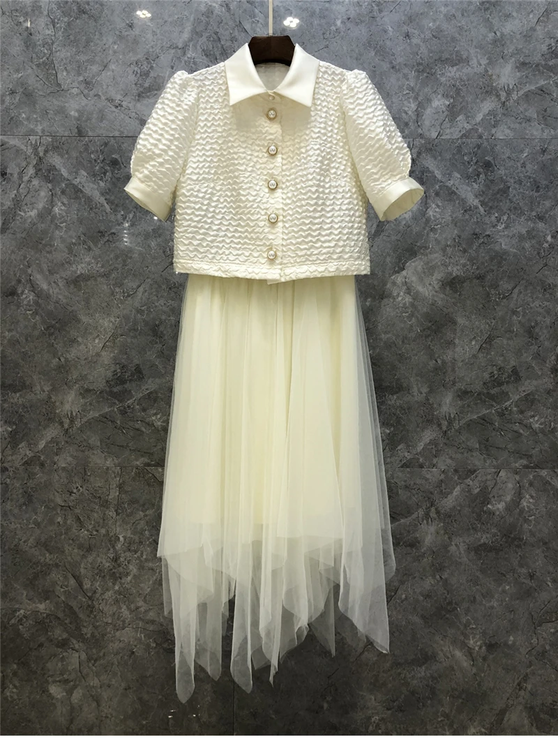 

High Quality Designer Clothing Sets 2021 Summer 2 Piece Set Women Vintage Jacquard Print Tops Coat+Sexy Tulle Mesh Skirt Suits