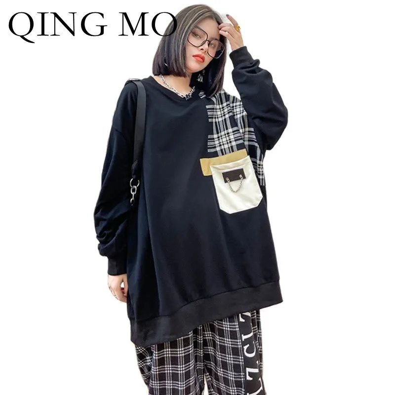 

QING MO 2021 Autumn New Women Long Sleeved T-shirt Sweater Pocket Stitching Loose Large Size T-shirt Fashion Women Top ZWL115