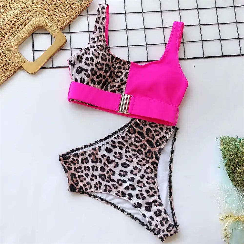 Hot Pink Черный леопардовый купальник с высокой талией, бикини, женский купальник, комплект бикини из двух предметов, сексуальный купальный костюм V1202L - Цвет: Hot Pink