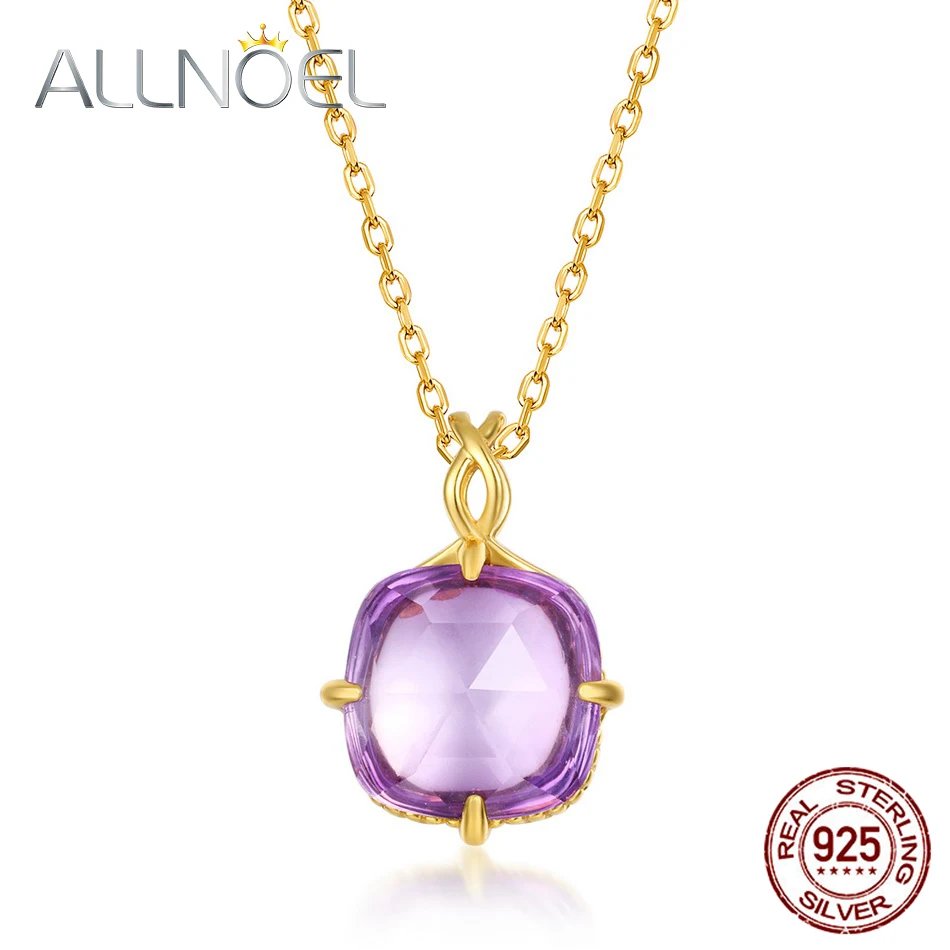 

ALLNOEL Solid 925 Sterling Sliver Pendant For Women Natural Amethyst With White Crystal Necklace Engagement Wedding Fine Jewelry