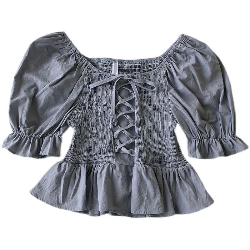 

French Style Puff Sleeve Shirt Women's 2021 Summer New Korean Style Cross Waist Trimming Ruffles Design Short Top
