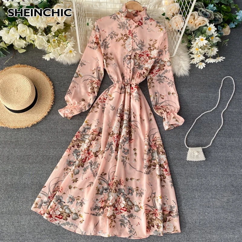 Женское платье миди с цветочным принтом элегантное розовое/черное/желтое