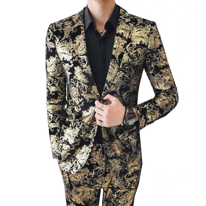 Высокое качество Золотой мужской костюм комплект из 2 предметов брюки модные