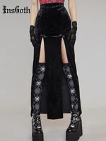 insgoth vintage black velvet split skirts aesthetic sexy high waist bow bodycon long skirt elegant e girl punk partywear clothes