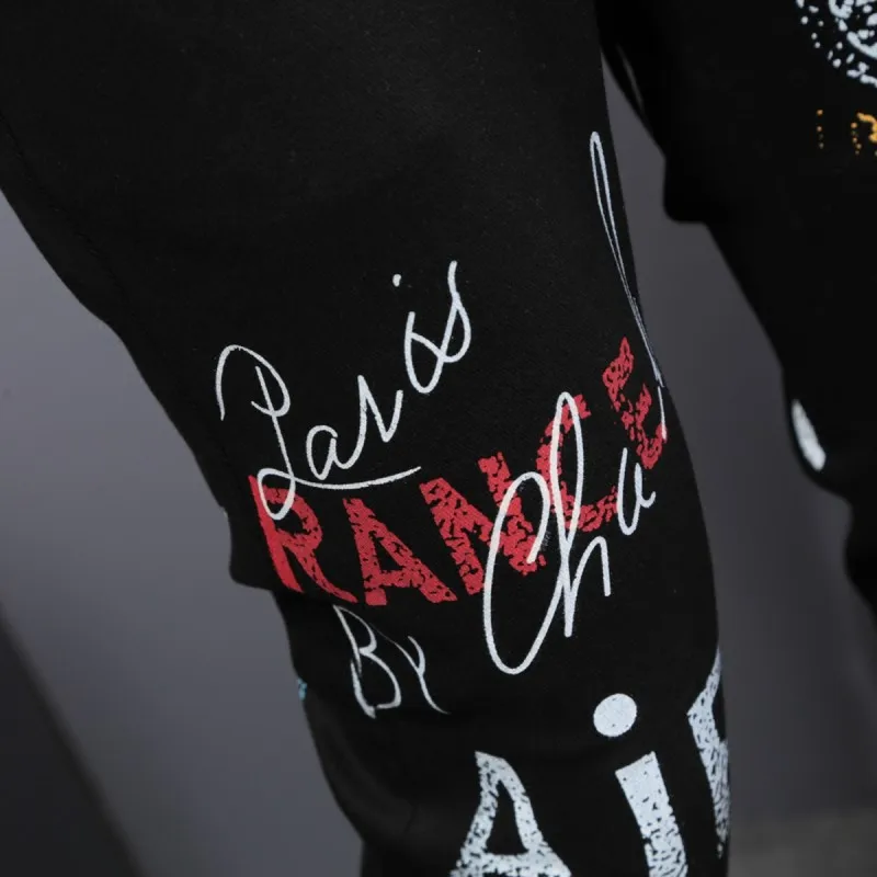 

New Fashion Printed Mens Stretchy Denim Pencil Pants Full Length Black High Street Jeans Male Casual Slim Fit Skinny Trousers