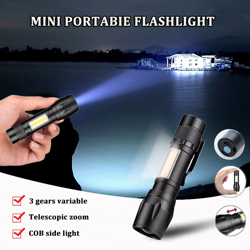 

Mini Flashlight Rechargeable Usb Aluminum Alloy Led Bulbs Flashlights Adjustable Zoom Waterproof Cob 3 Model Lamp Beads Torches