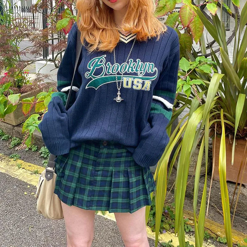 

y2k Women's Sweater Letter Print V-Neck Long Sleeve Knitted Tops Blouse Warm Sweatshirts Streetwear Fairy Grunge