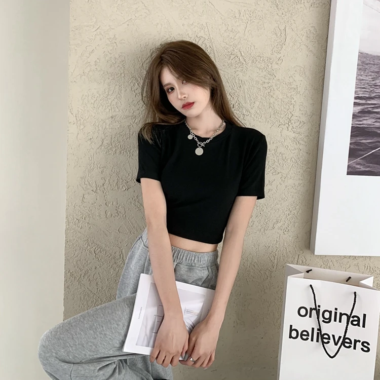

YTX1766 2021 new Hong Kong hot girl style round neck stretch slim fit short short sleeve T-shirt
