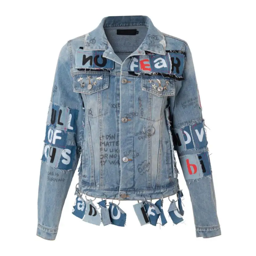 

Женская джинсовая куртка с буквенным принтом, короткая ковбойская куртка в стиле панк с заклепками, модель y941 на весну и осень, 2021