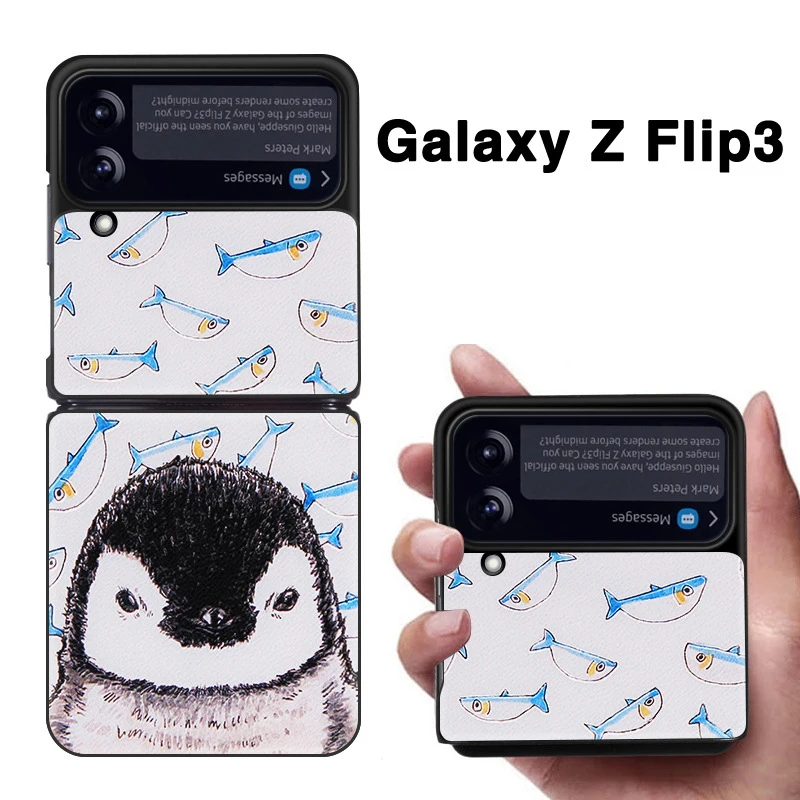 

Z Flip 3 Funda Case for Samsung Galaxy Z Flip 3 Z Fold 3 Cartoon Arctic Circle Penguin Pattern Pu Leather Coque Phone Case Cover