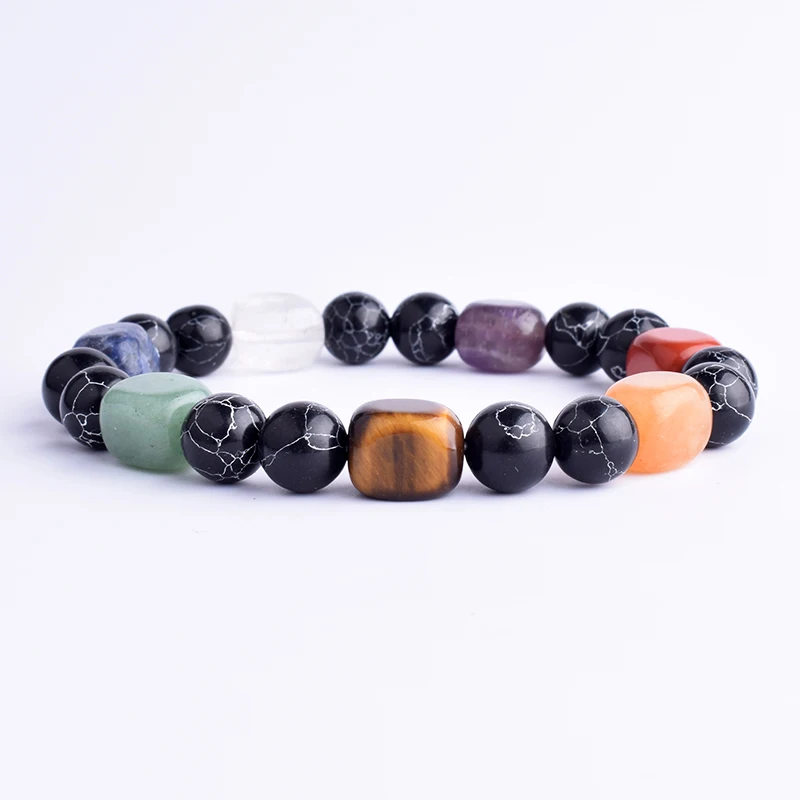 

Natural Stone Black Turquoises 7 Chakra Bracelets & Bangles Yoga Balance Beads Buddha Prayer Elastic Bracelet pulseira masculina