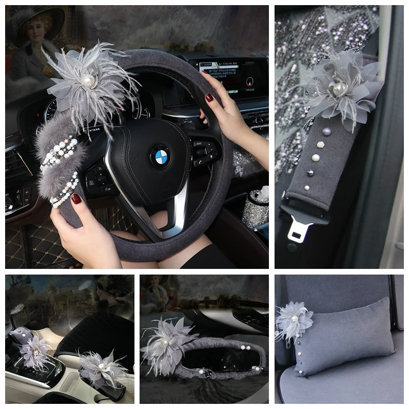 

Чехол на рулевое колесо богини для салона автомобиля, ручка переключения передач с перьями, жемчужинами и цветами