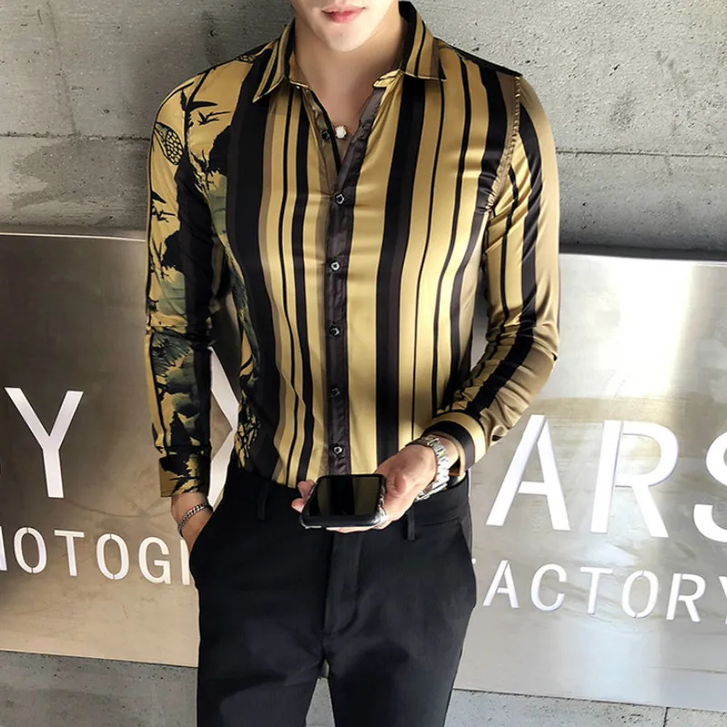 

Gold Striped Shirt Men Casual Slim Fit Long Sleeve Mens Dress Shirts Luxury Streetwear Social Tuxedo Clothing Blusa Masculina