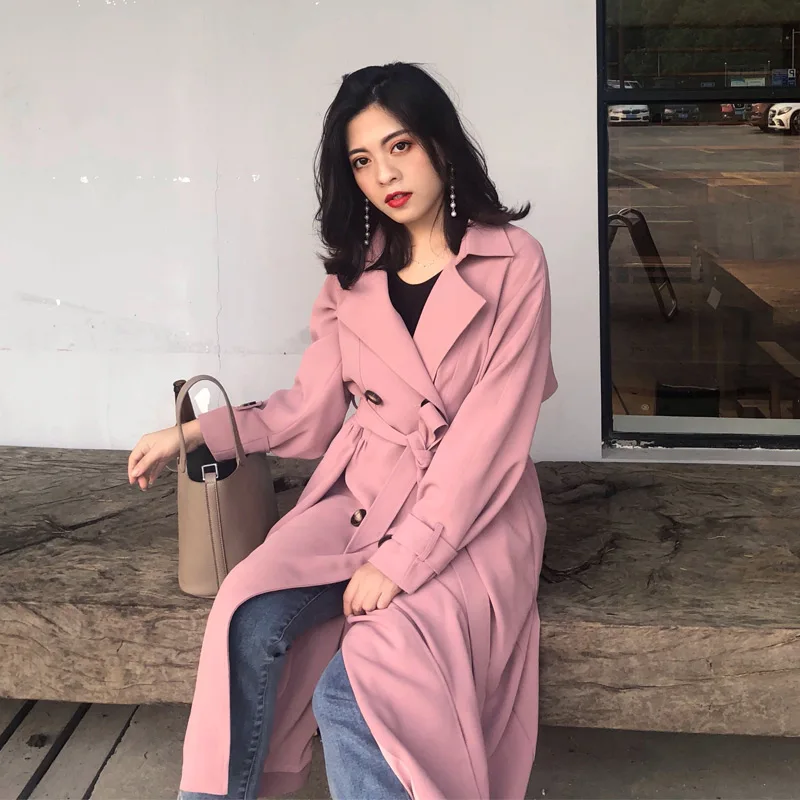 pink Новинка, весенне-осенний двубортный Тренч, женское тонкое однотонное черное пальто с регулируемой талией, длинный Тренч, женская верхняя одежда X927 - Цвет: pink