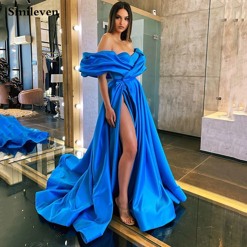 Уникальные синие вечерние платья Smileven с открытыми плечами сексуальные арабские