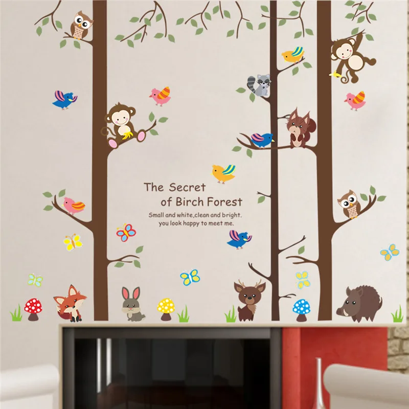 

Monkey Owlet Fox Forest Animal Birch Tree Wall Sticker For Kids Room Livingroom Home Decor Cartoon Safari Mural Art Big Decals