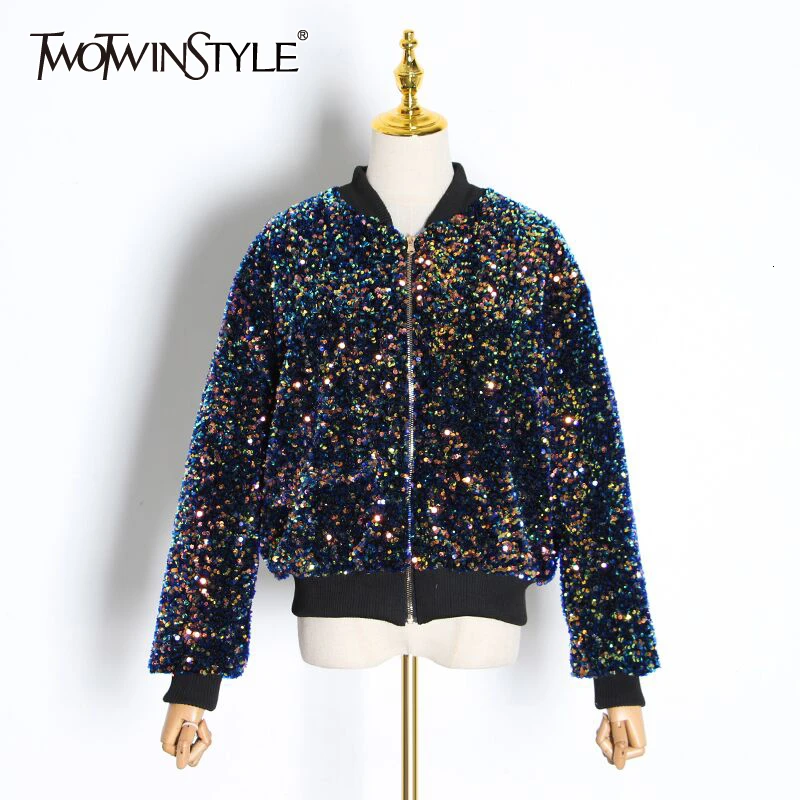 Женская куртка с блестками TWOTWINSTYLE Повседневная Свободная круглым вырезом и