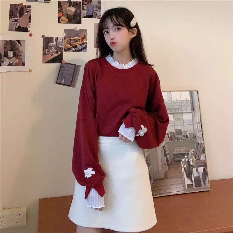 

Women suit autumn Japanese new embroidery fake two-piece sweater + A-line skirt fashion western-style loose sweet woman clothes