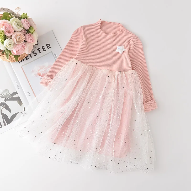 Menoea Girl Denim Dress 2022 Fashion Mesh Dresses Autumn Children Clothing Princess Button 2-8 Years Clothes | Детская одежда и