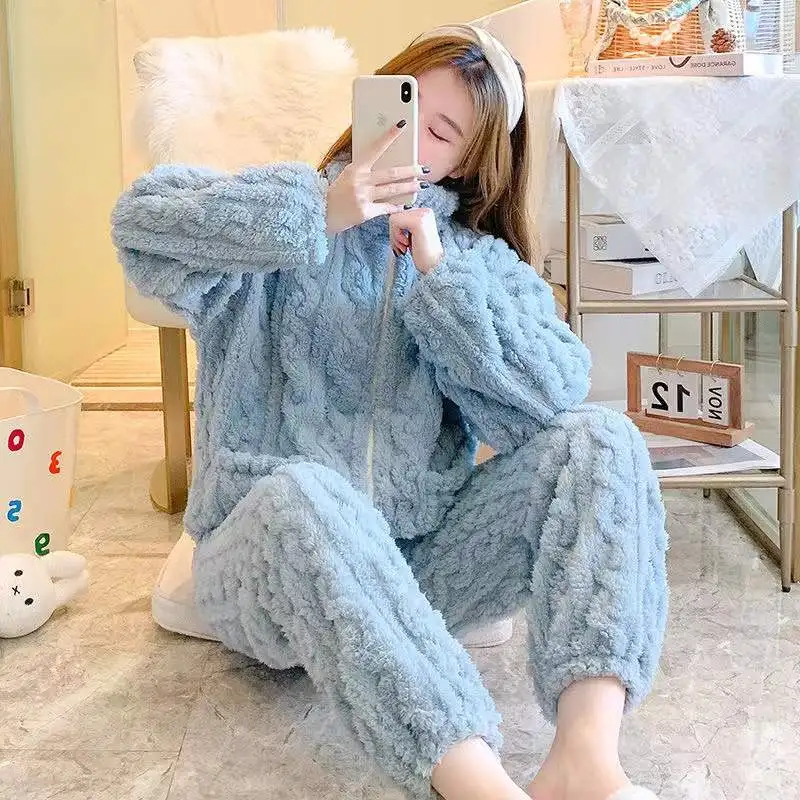 Winter Warm Flannel Women Pajamas Sets Coral Fleece 2 Pieces/Sets Long-Sleeved Trousers Sleepwear Casual Loose Homewear