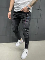 men skinny ripped stretch fashion jeans elastic paint men punk pants scratched high quality streetwear hip hop jeans
