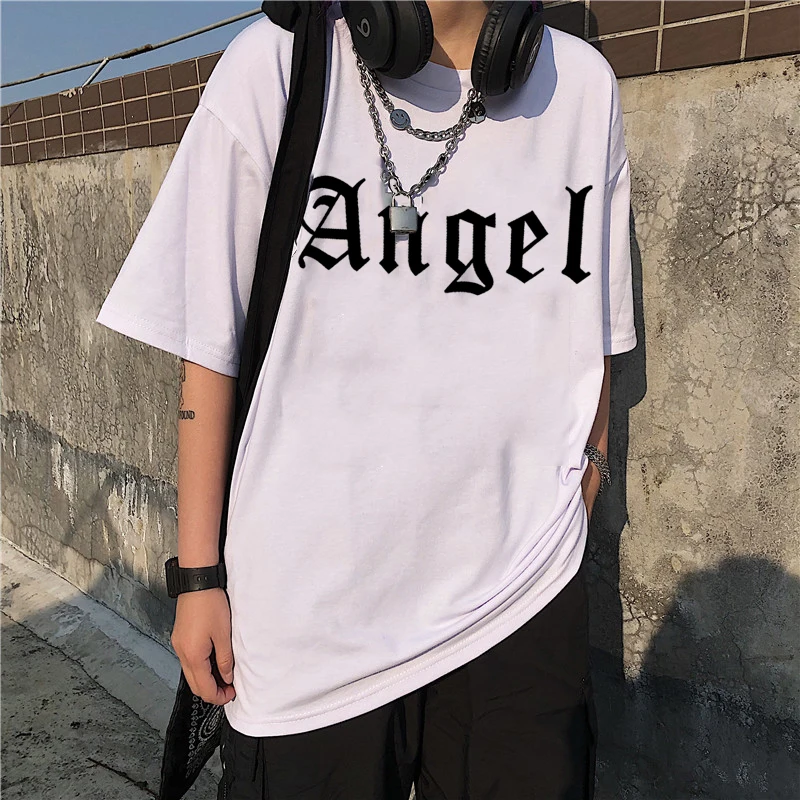 

Harajuku Vintage Angel Print Short Sleeve Women T-shirt Ulzzang Cartoon Gothic Punk Hip Hop Oversized T Shirt Kawaii Female Tops