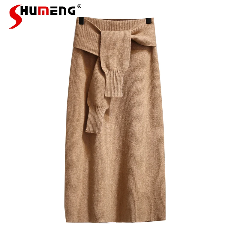 

Женская зимняя вязаная юбка цвета хаки средней длины Элегантная изящная вязаная утолщенная трапециевидная юбка с высокой талией и разрезо...