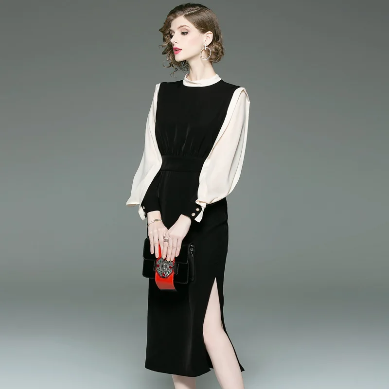 

2019 autumn new classic contrast color slim dress round neck long sleeve OL commuter long dresses step female
