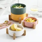 Керамические тарелки для салата с деревянной подушечкой, глубокая посуда в скандинавском стиле, твердые тарелки для супа, лапши, десерта, фруктов, чашка для закусок посуда